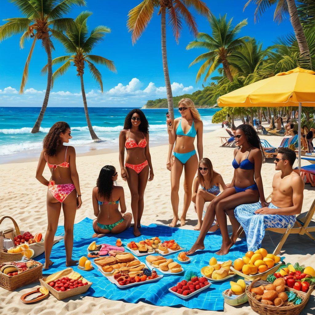A vibrant beach scene showcasing a diverse group of people trying on various stylish swimsuits under a bright sun, with a charming picnic setup in the foreground featuring an array of colorful, delicious treats like fruits, pastries, and refreshing drinks. Enhance the scene with gentle waves and palm trees swaying in the background. super-realistic. vibrant colors. bright sunlight.
