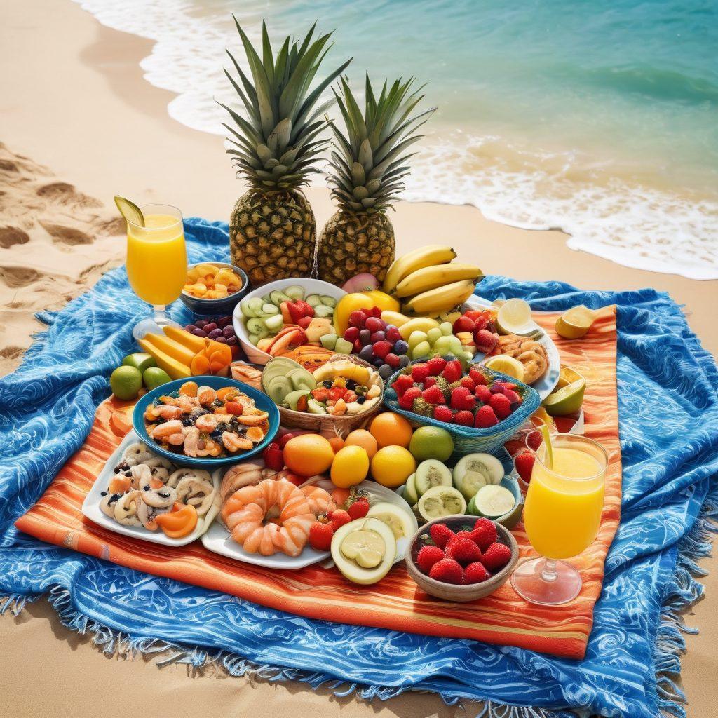 A vibrant beach scene featuring a variety of delicious tropical dishes arranged on a sunlit picnic blanket, with colorful swimwear hanging nearby. Include fresh fruits, seafood, and refreshing drinks, all set against a backdrop of sparkling blue waves and golden sand. The atmosphere should evoke a sense of fun and relaxation, enticing beachgoers to enjoy great food. tropical style. bright colors. natural lighting.